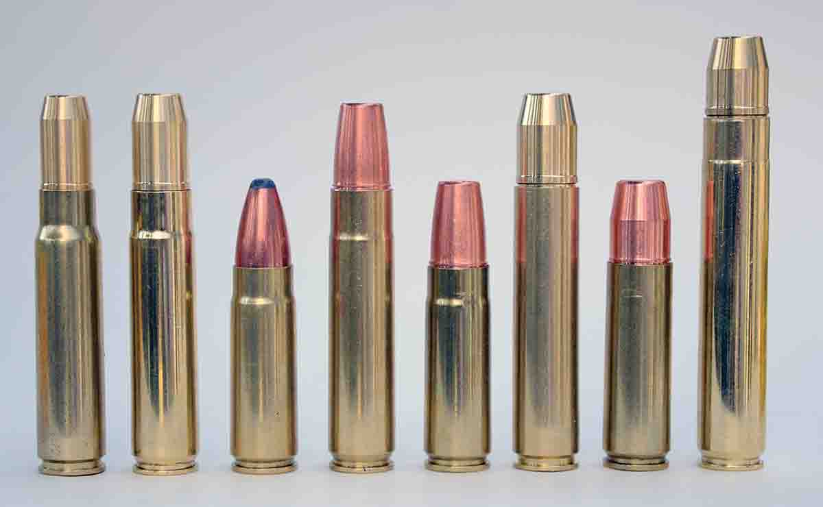 Michael McCourry has developed these cartridges for bolt-action rifles using North Fork and Cutting Edge bullets (left to right): .416 B&M, .458 B&M, .458 B&M Super Short, .475 B&M, .475 B&M Super Short, .50 B&M, .50 B&M Super Short and .500 MDM.